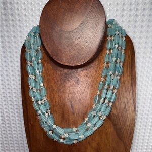 Vintage 1950s Japan Aqua Glass Waterfall Bib Necklace Multi Strand Hook Closure